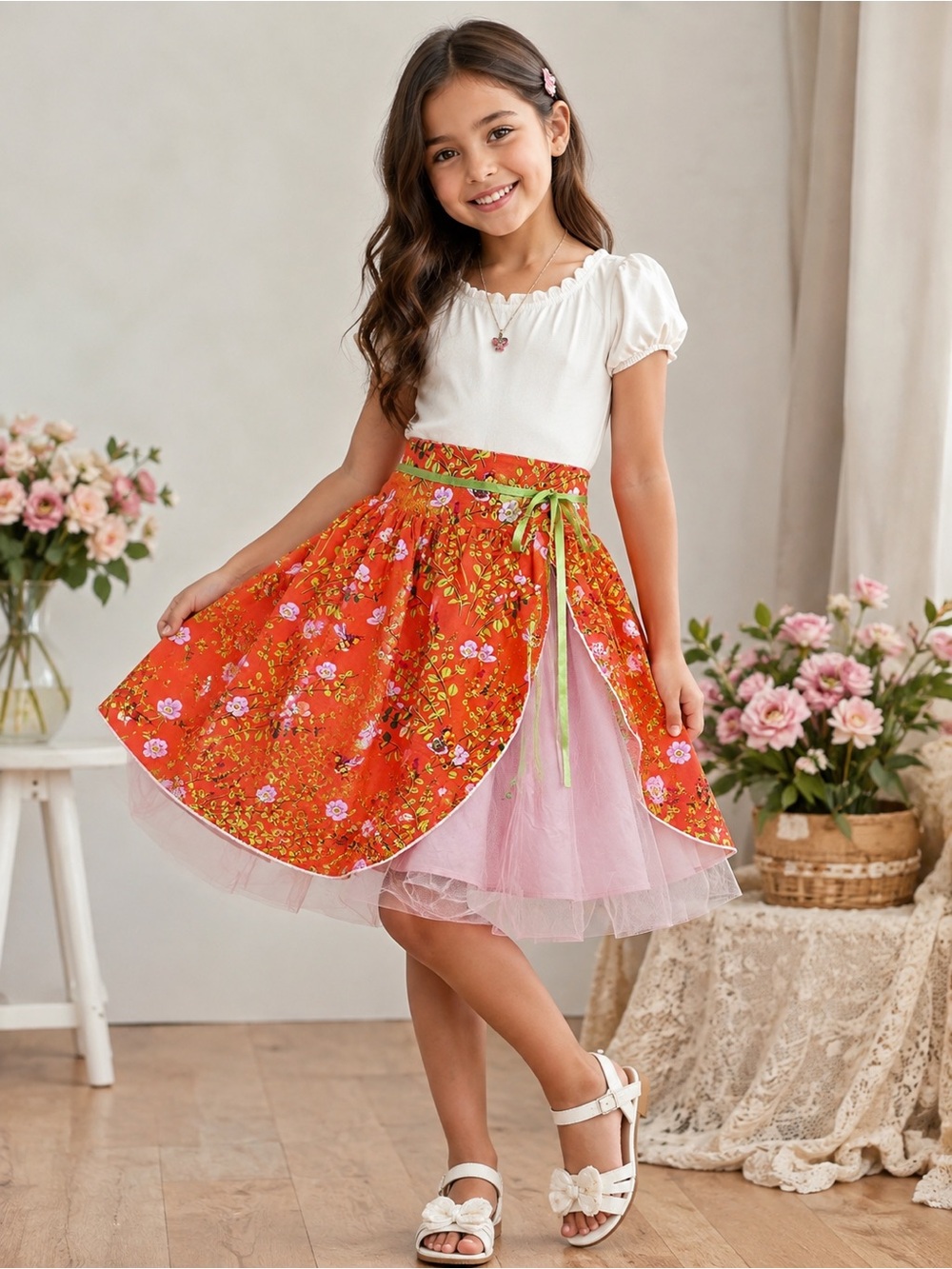 Girls' Orange Floral Wrap Skirt with Pink Flower Accents
